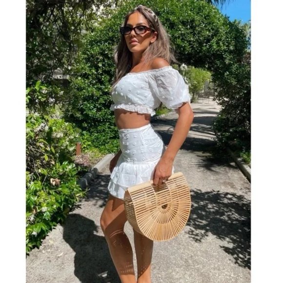 White Short Sleeve Off Shoulder Crop Top and High Waist Mini Skirt Two Piece Set - Picture 11 of 16